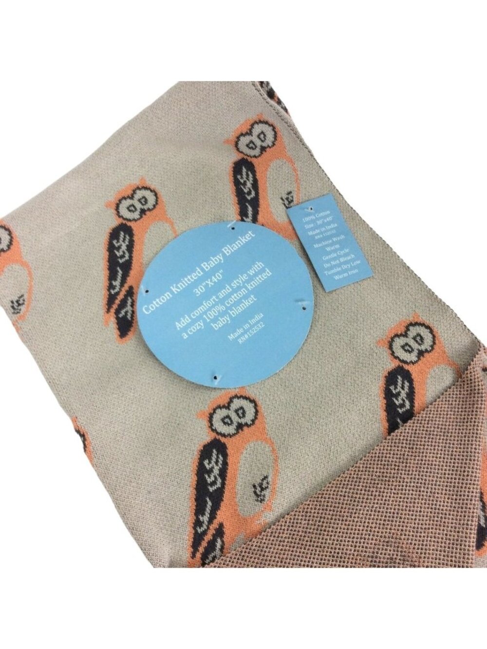 Owl Print Cotton Knit Baby Blanket 30x40 Beige & Orange Soft Crib Unisex Gift